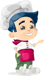 Cartoon illustration of a young boy happily engaged in cooking, wearing a chef's hat and apron